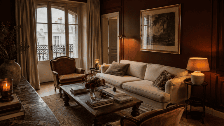Elegant living room with cream sofa, warm wood furniture, layered lighting, and classic neutral decor
