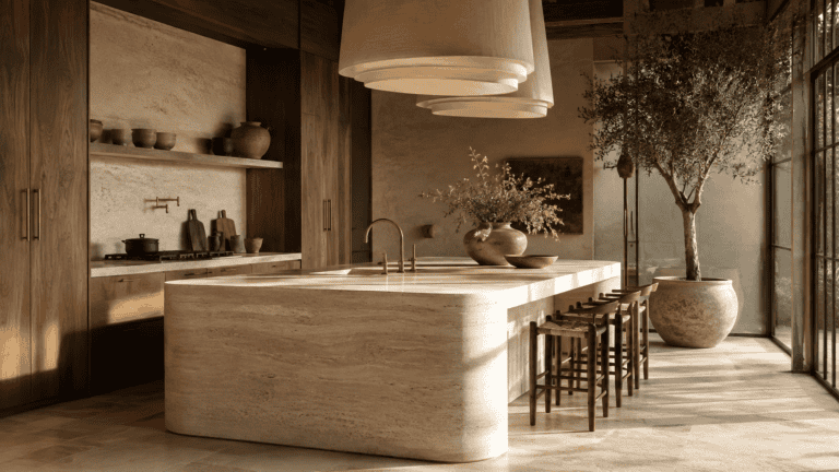 Quiet luxury kitchen with warm wood cabinetry, stone island, pendant lighting, and timeless neutral decor