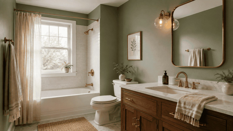 Small bathroom with sage green walls, wood vanity, large mirror, and natural light