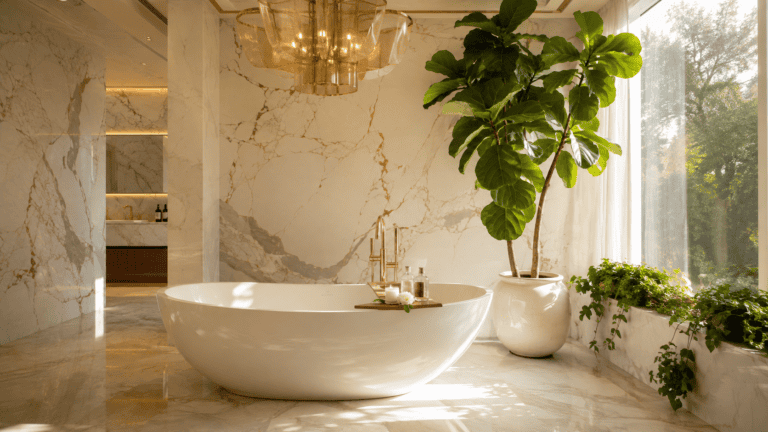Luxury spa bathroom with freestanding soaking tub, marble walls, warm lighting, and lush greenery