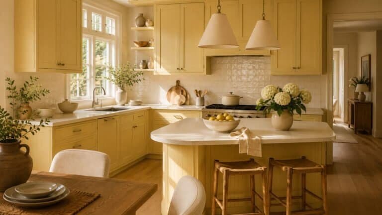 Small warm kitchen with organized countertops, light wood cabinetry, open shelving, and compact dining area