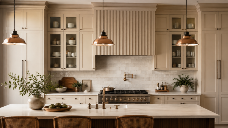 Beautiful functional kitchen with warm wood cabinetry, marble backsplash, pendant lighting, and natural decor