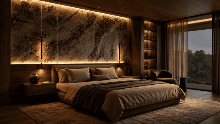 Quiet luxury bedroom with warm wood walls, soft neutral bedding, built-in shelving, and ambient lighting