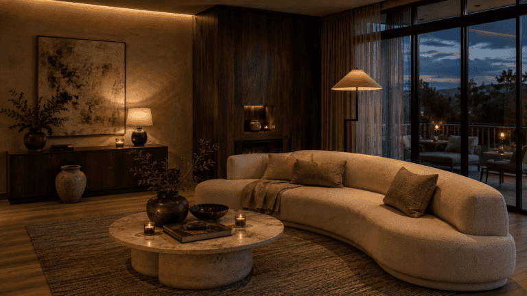 Elegant living room with curved cream sofa, warm wood tones, soft lighting, and refined neutral decor