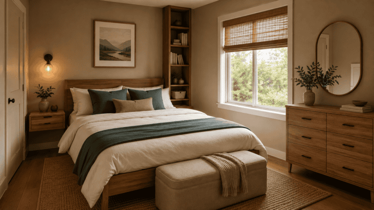 Small bedroom with neutral bedding, warm wood furniture, soft lighting, and a compact layout