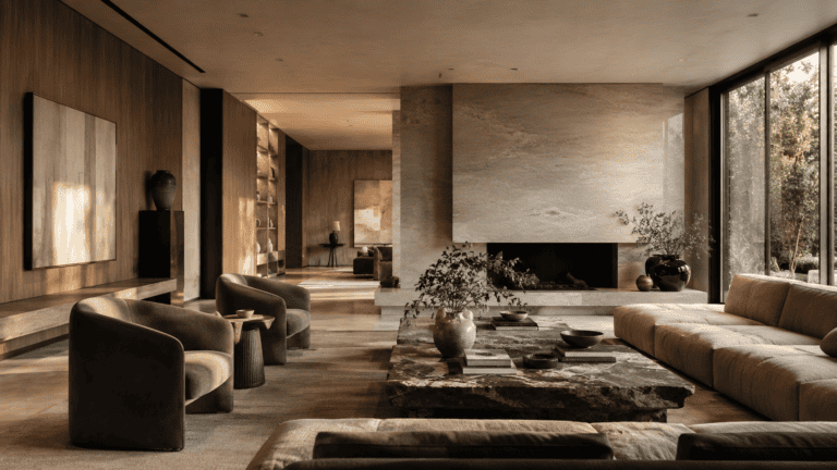 Elegant living room with warm neutral tones, natural wood, layered lighting, and refined decor