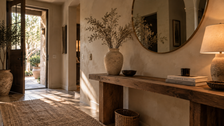 Warm luxury home entryway with natural wood console, round mirror, and sunlight