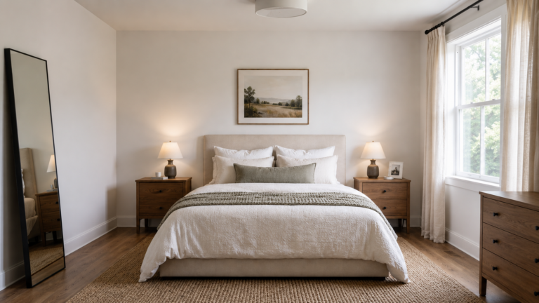 Small bedroom with white bedding, light wood furniture, large windows, and a simple space-saving layout