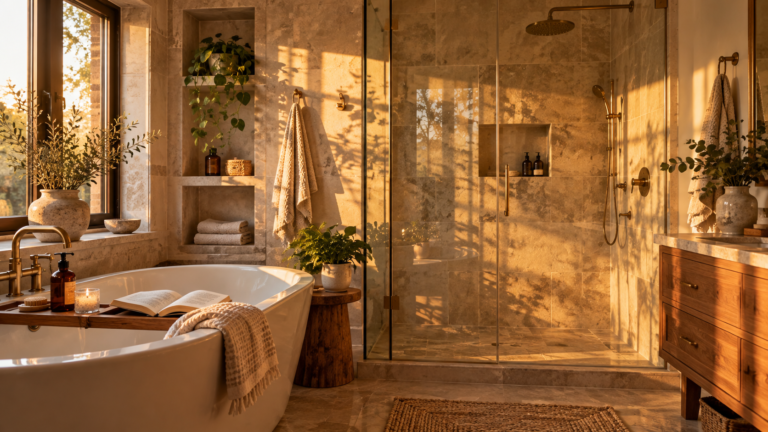 Wellness bathroom with freestanding bathtub, natural stone, warm lighting and walk-in shower