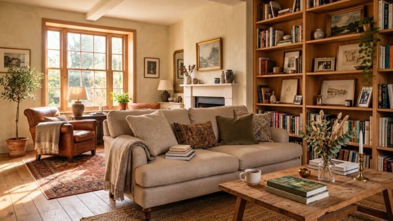 Warm and inviting living room with neutral sofa, natural wood furniture, bookshelves, plants, and personal decor