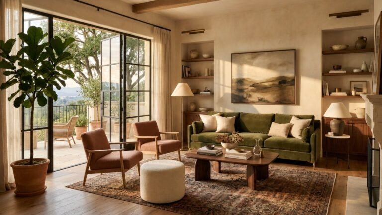 Elegant living room with warm neutral furniture, natural wood accents, layered lighting, and refined decor