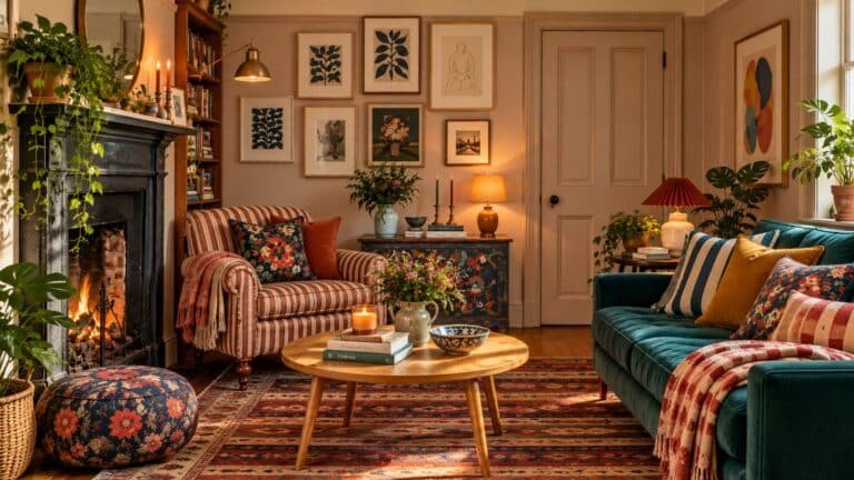 Cozy living room with colorful cushions, warm wood furniture, framed artwork, plants, and layered decor