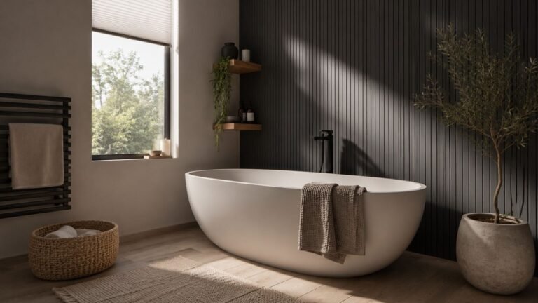 Quiet luxury bathroom with freestanding bathtub, dark textured walls, natural stone, and soft sunlight