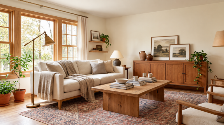 Warm living room with natural light, layered textures, wood furniture and thoughtful styling