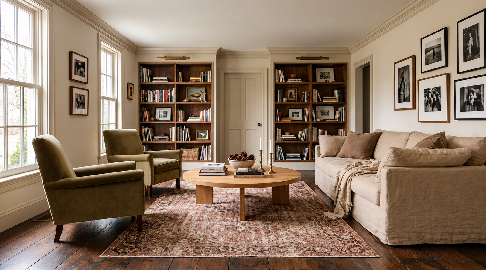 Elegant living room with linen sofa, leather chairs, bookshelves and natural light