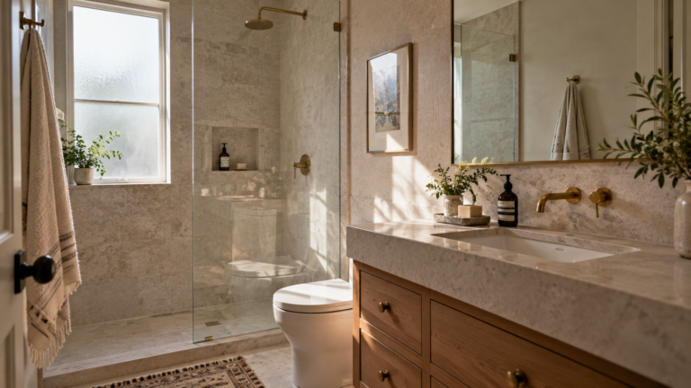 Small bathroom with a large mirror, natural stone walls, warm wood vanity and bright natural light