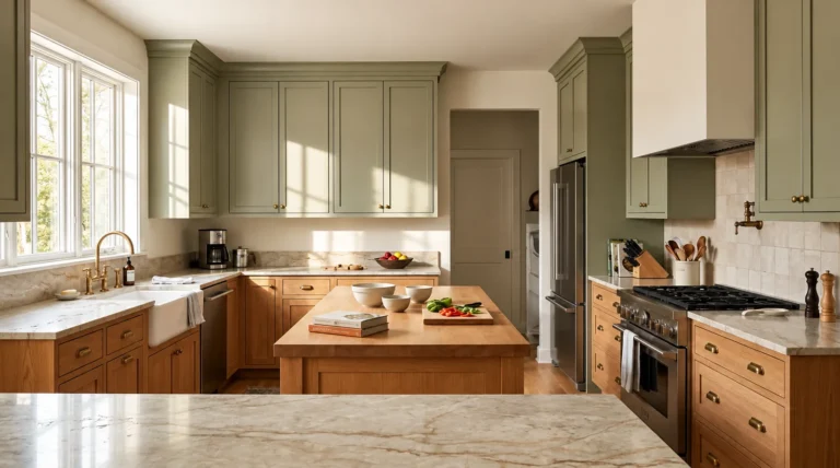 Warm kitchen with natural wood cabinets, island and bright natural light