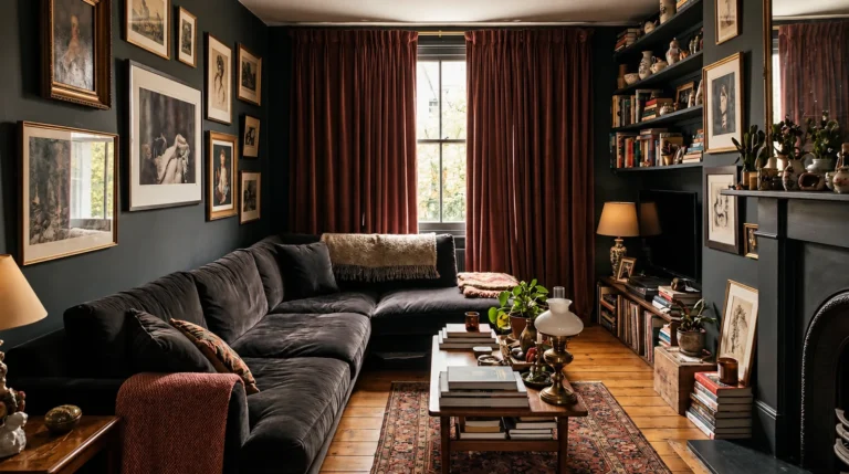 Dark and cozy living room with layered furniture, bookshelves and warm lighting