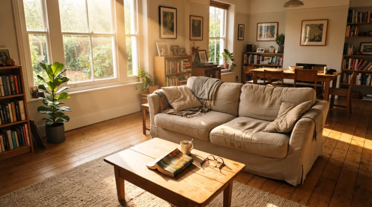 Warm lived-in living room with natural light, comfortable sofa and everyday decor