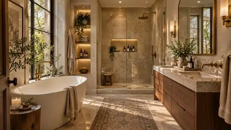 Small luxury bathroom with freestanding bathtub, natural stone, walnut vanity and brass fixtures