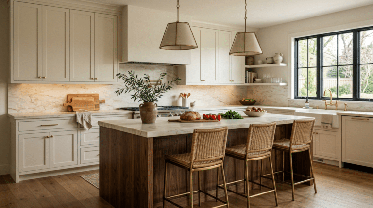 Luxury warm-white kitchen with walnut island, natural stone countertops, pendant lighting, and open shelving