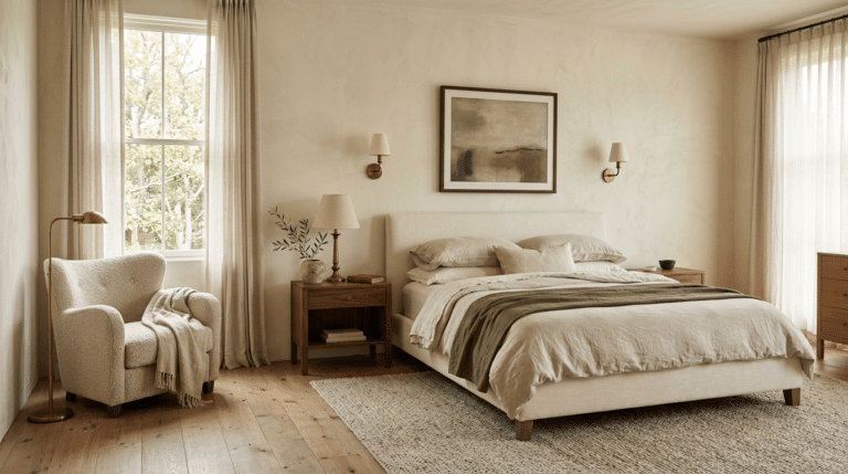 Calm bedroom with soft neutral bedding, natural wood furniture, warm lighting, and sheer curtains