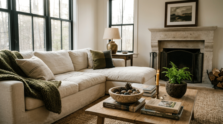 Cozy living room with sectional sofa, fireplace, candle, plant, and coffee table