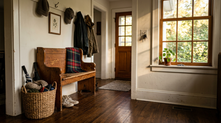 Sunlit entryway with wooden bench, coats, woven basket, and potted plant