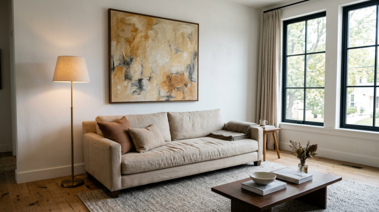 Neutral living room with sofa, abstract painting, floor lamp, and large windows