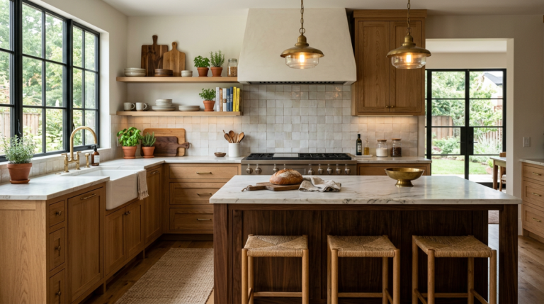 Warm farmhouse kitchen with wood cabinets, island, stools, and garden views