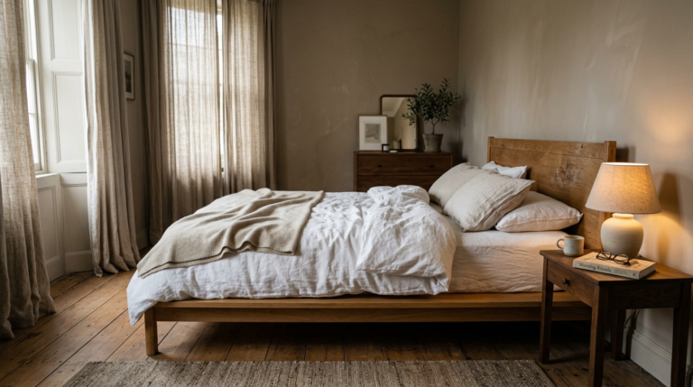 Cozy bedroom with unmade bed, bedside coffee, lamp, and book titled Morning Rituals
